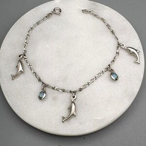 Vintage Sterling Silver Charm Bracelet Dolphins Light Blue Stones 7" Nautical